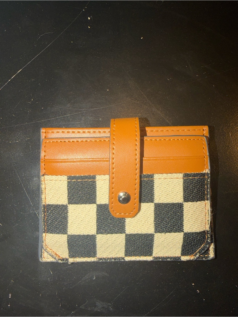Checkerboard Canvas Card Holder with Tan Leather Trim